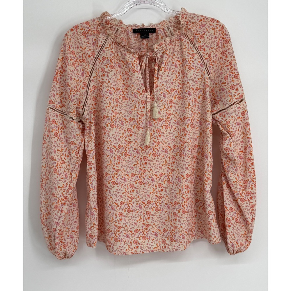 Sanctuary Women‎ Pink Orange Floral Peasant Blouse Tassel Lace Sz XS